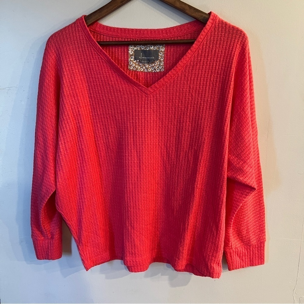 ANTHROPOLOGIE Women’s Coral Pink Waffle Knit Oversized Dolman Sleeve Top Size S